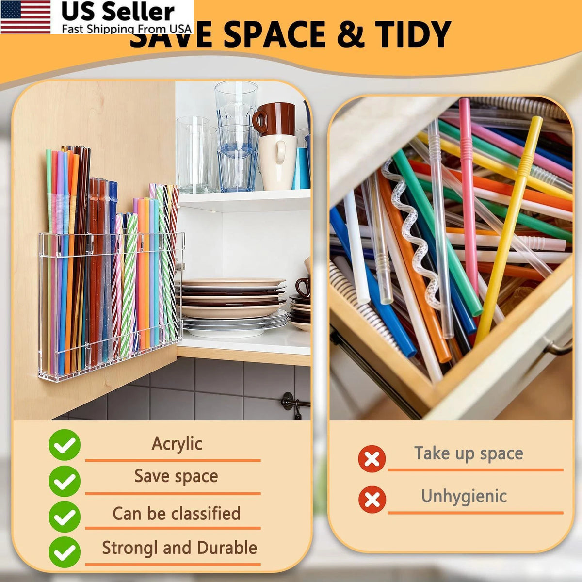 9.5" Acrylic Straw Holder for Cabinet Door - Reusable Clear