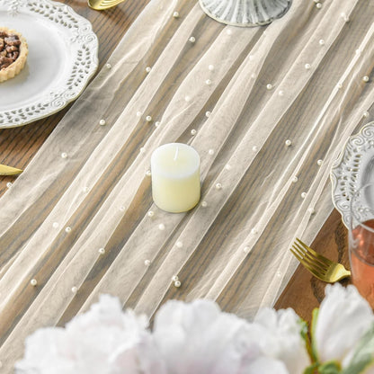 Pearl Beige Gauze Table Runner 120 Inch for Seasonal Dining (No Part Numbers)