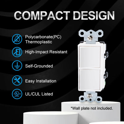 2X Duplex Light Switch for Space-Savi (15A 120V)