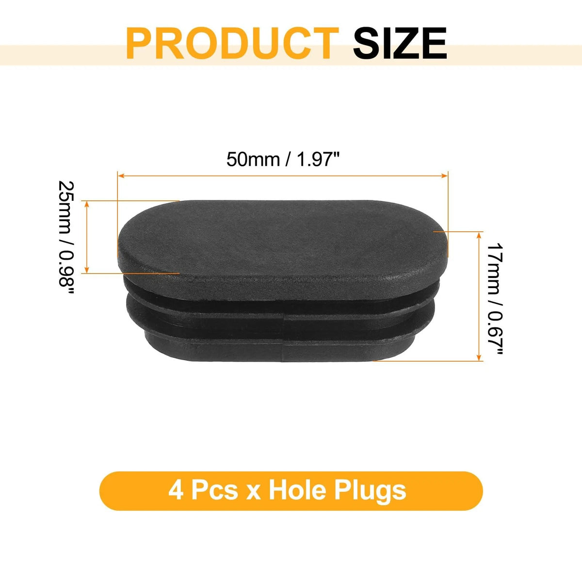 Set of 4 Plastic Hole Plugs for Oval Pipe Tubing 50x25mm (Black)