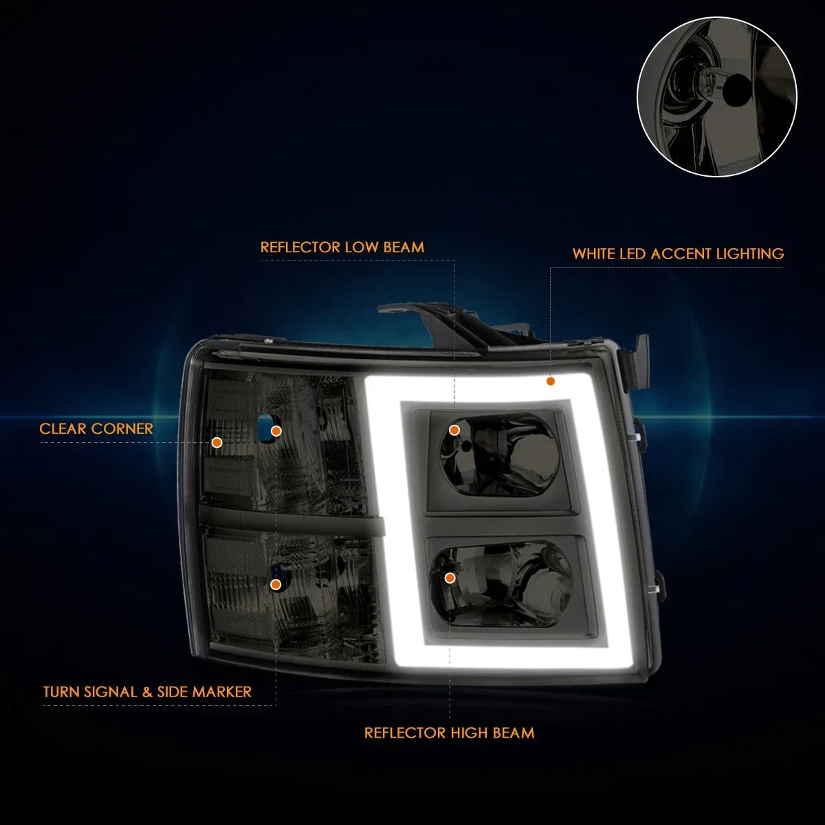 LED DRL Headlight Lamp for Chevy Silverado 1500-3500 (2007–2014) Smoked/Clear
