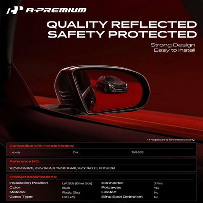Driver Power Mirror for Honda Civic (2012–2015) - 76258TR3A01, 76251TR0A01ZD, HO1320261