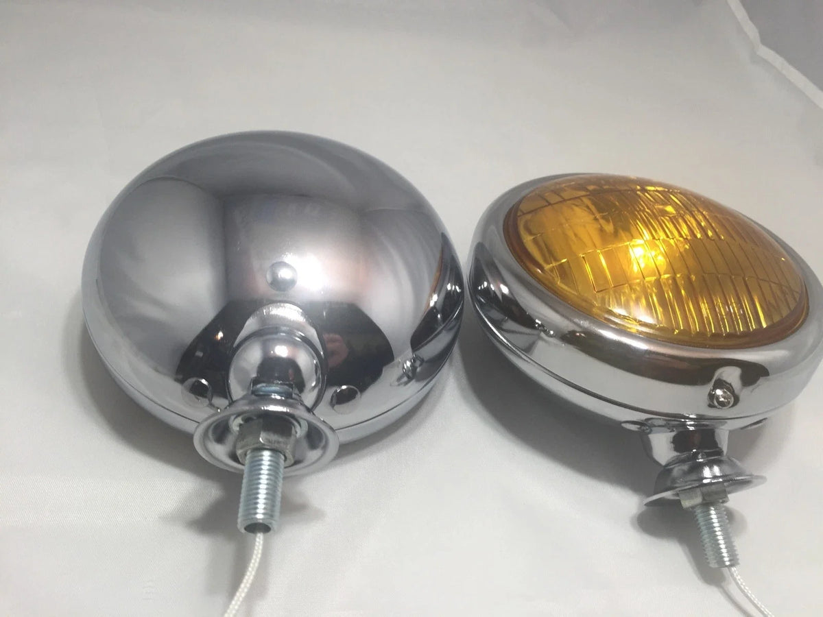 Pair 6 Volt 5 Inch Vintage Chrome Fog Lights Amber Lens for Pickup (1948–1952)