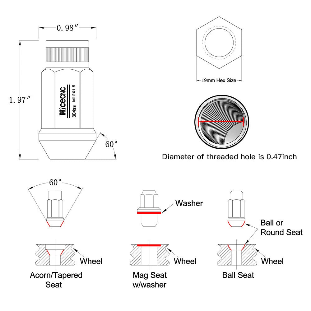 20X M12X1.25 Wheel Lug Nuts for