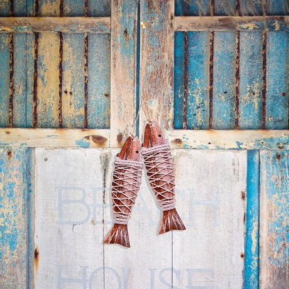 Wooden Marine Theme Flip Flops and Fish Pendant Wall Hanging Decor