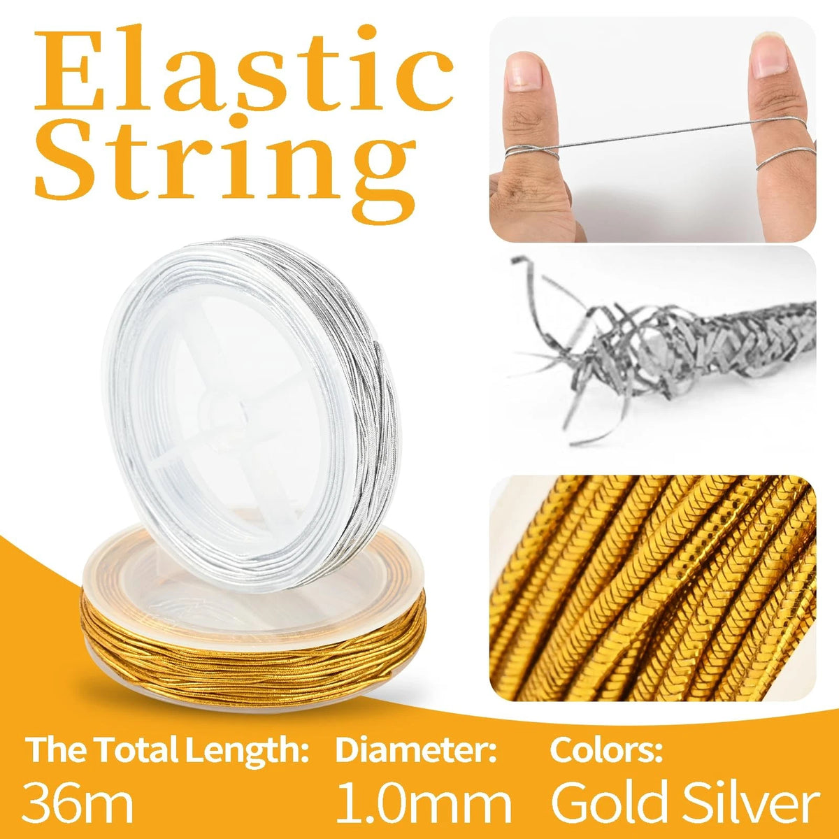 2 Rolls Metallic Elastic Cords String Gold Silver