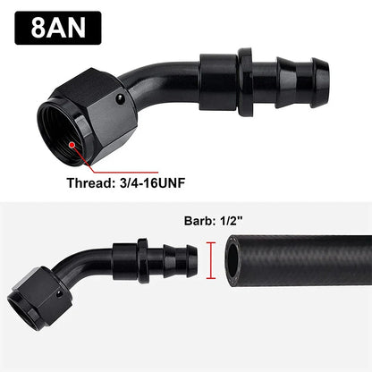 Push Lock 45 Degree End Hose Fittings for Rubber Fuel Line (AN8, 1/2") (2 Pieces)