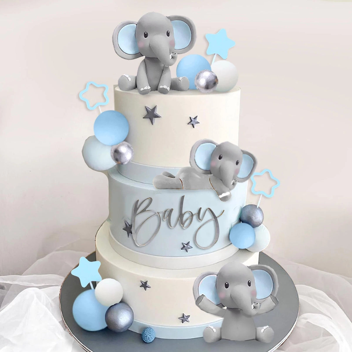32 Pcs Elephant Cake Decoration with Mini Blue White Pearl