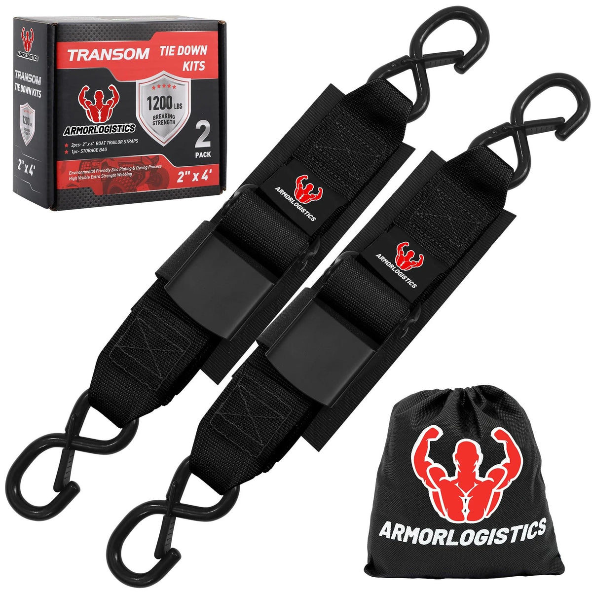 2X Boat Tie Down Straps for Trailer 48" x 2" Black