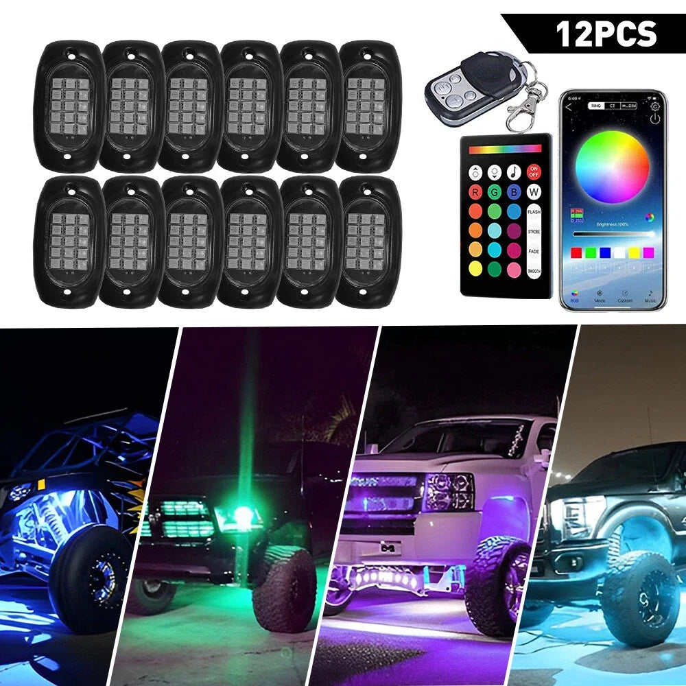 12x RGB LED Rock Light Pods for Universal Vehicles (Music App Control)