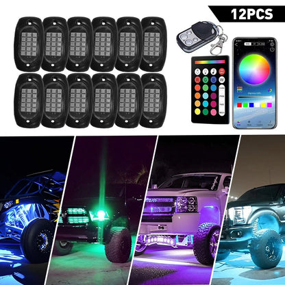 12x RGB LED Rock Light Pods for Universal Vehicles (Music App Control)