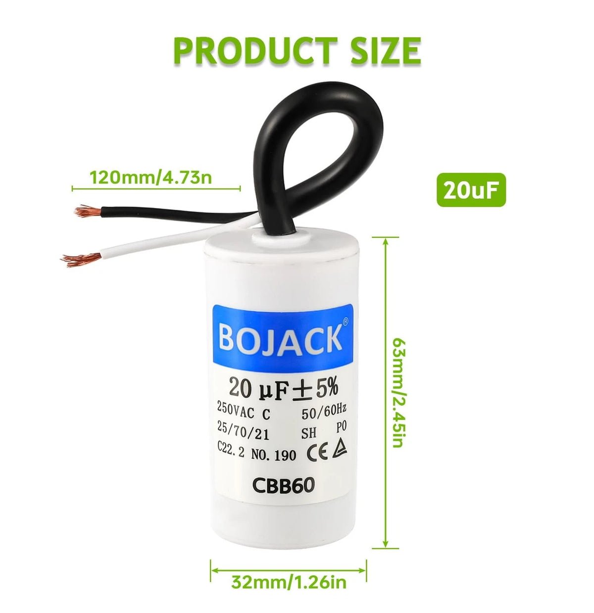20 uF Run Capacitor for BOJACK (250V AC, 50/60Hz)
