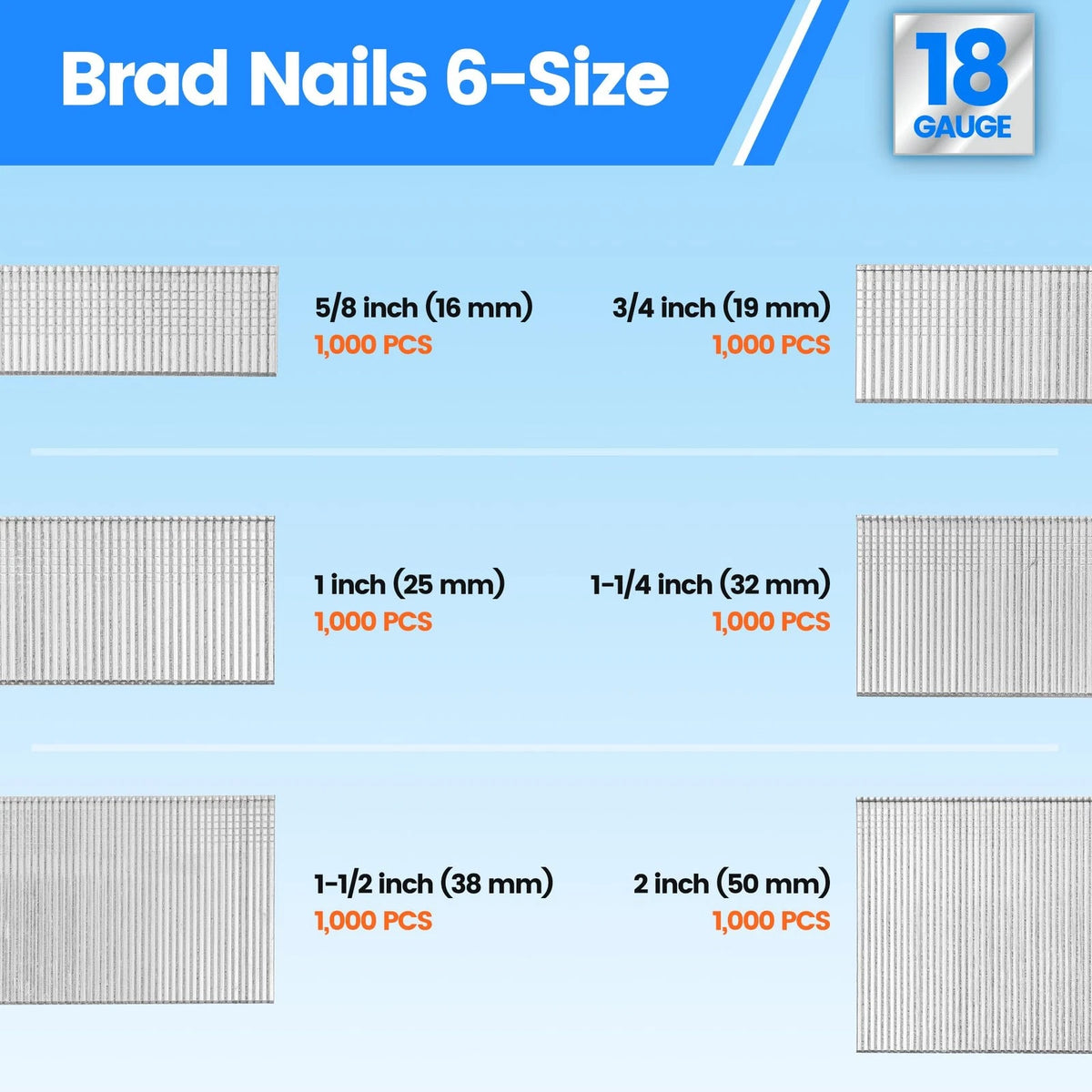 18 Gauge Brad Nails Set of 6 Sizes (5/8", 6,000 Pcs)