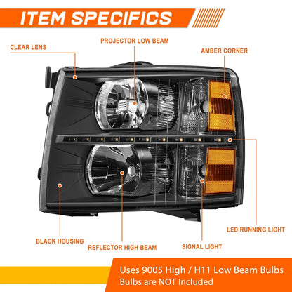 LED DRL Strip Headlight for Chevy Silverado (2007–2014) Black Housing Amber Side