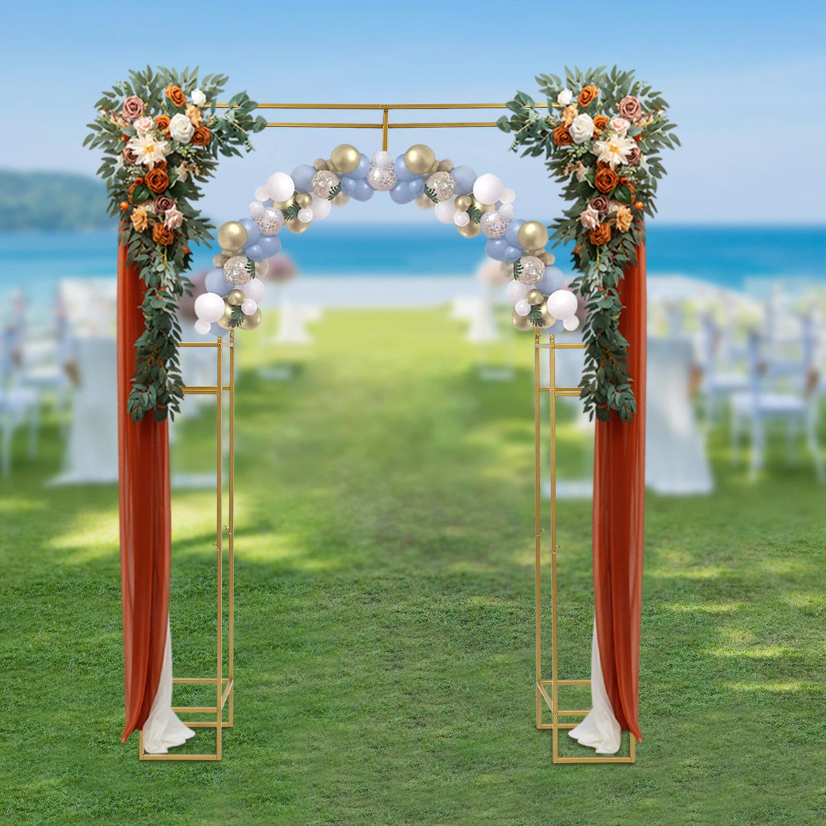 7.9ft Gold Wedding Arch Backdrop Stand, Square Double Metal Balloon Arch