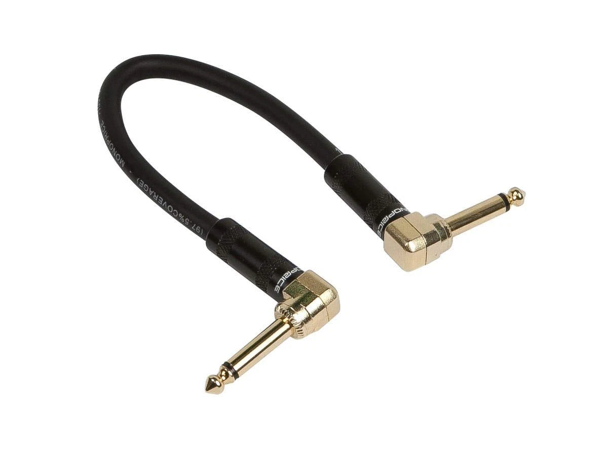 Guitar Pedal Cable 1/4 TS Right Angle Mono 16AWG 8 Inch Black Shielded