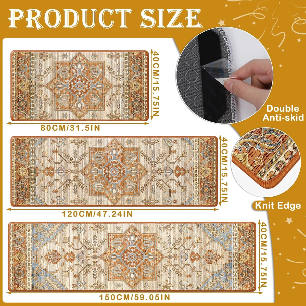 Set of 3 Long Kitchen Rugs 16x28, 16x47, 16x59 for Home Decor