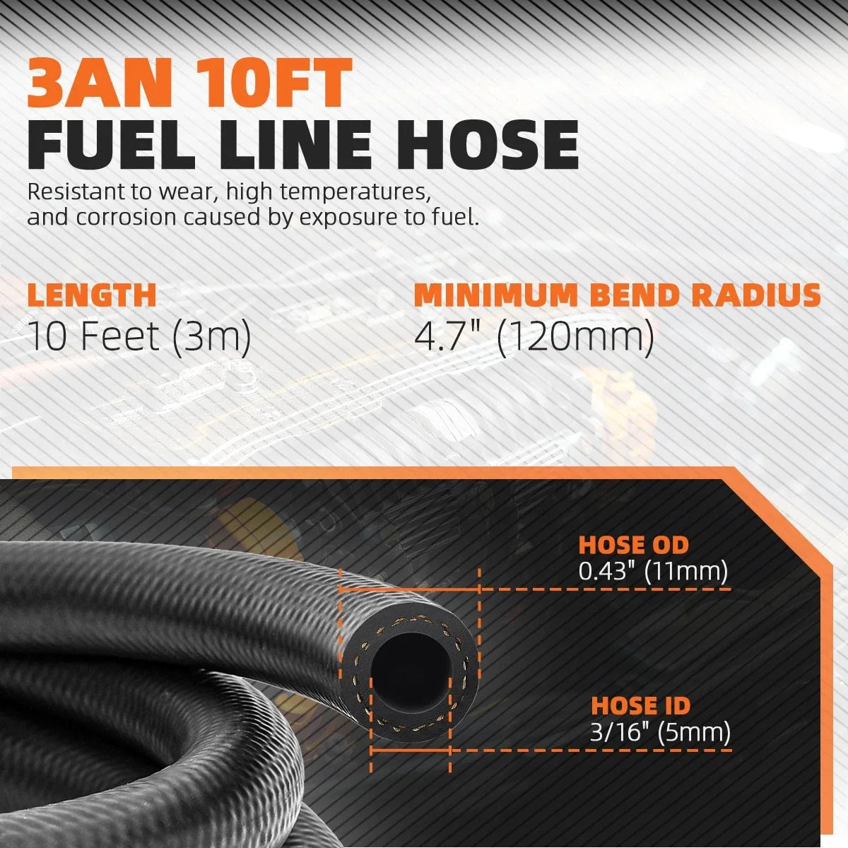 3AN 3/16" ID NBR Rubber Braided Fuel Line Hose (10 Feet)