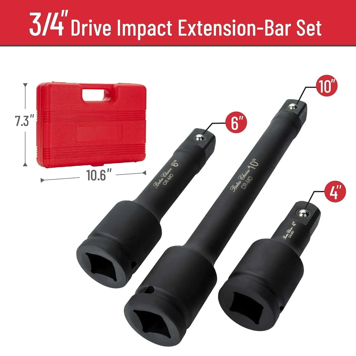 Set of 3 Drive Impact Extension Bars for Automotive (3/4" Drive, 4", 6", 10")