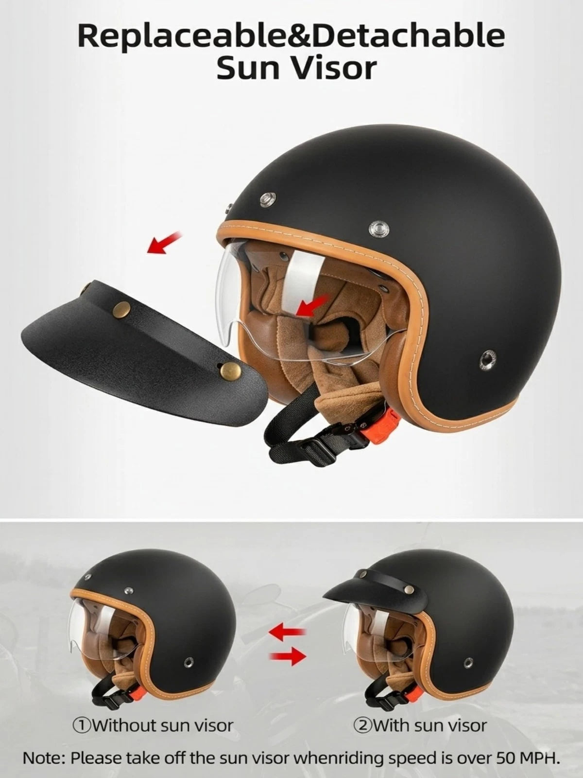 Retro 3/4 Open Face Motorcycle Helmet DOT Approved, Sun Shield, Comfort Fit