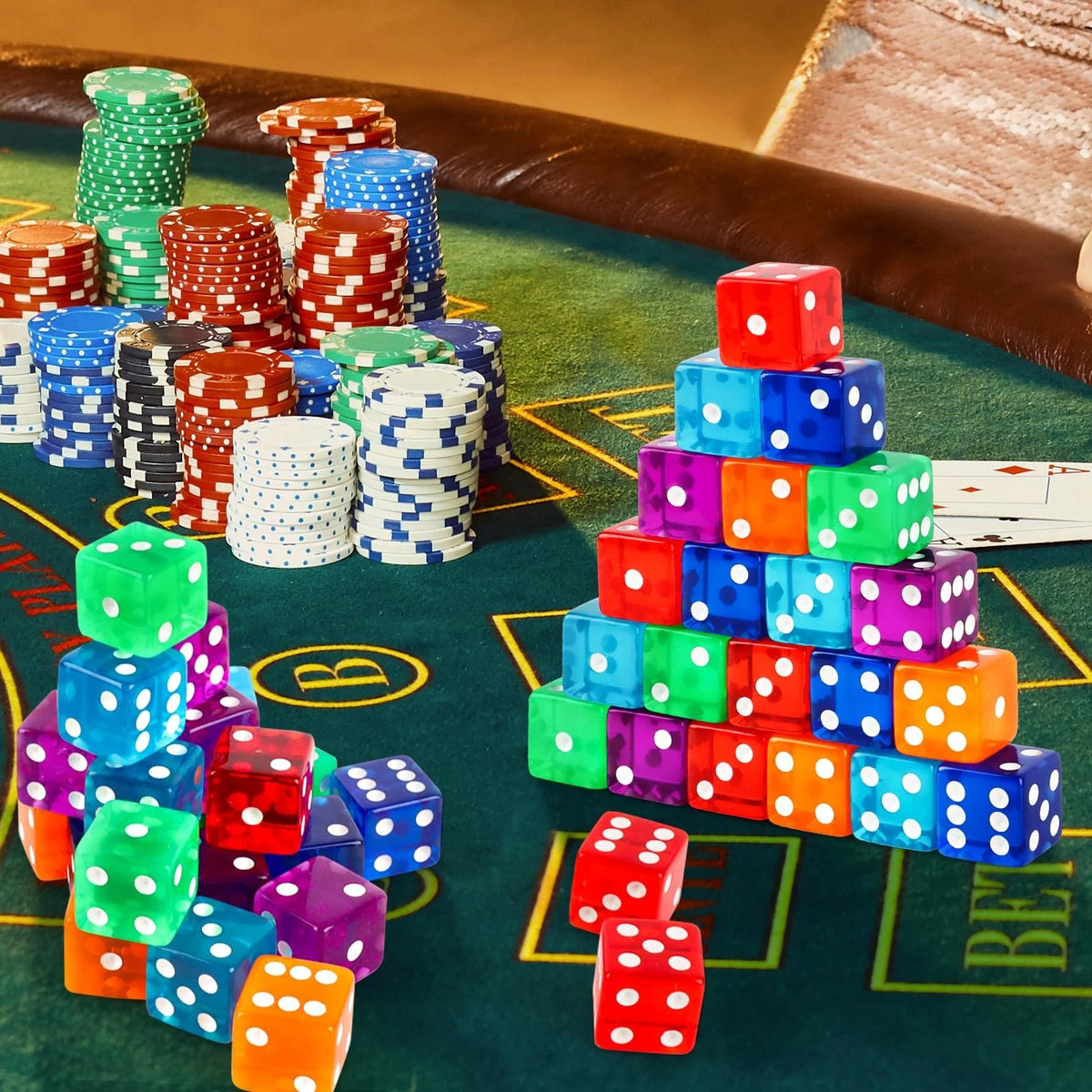 36-Piece Casino Dice Set for Various Games (19mm) - Red, Blue, Purple, Green, Orange