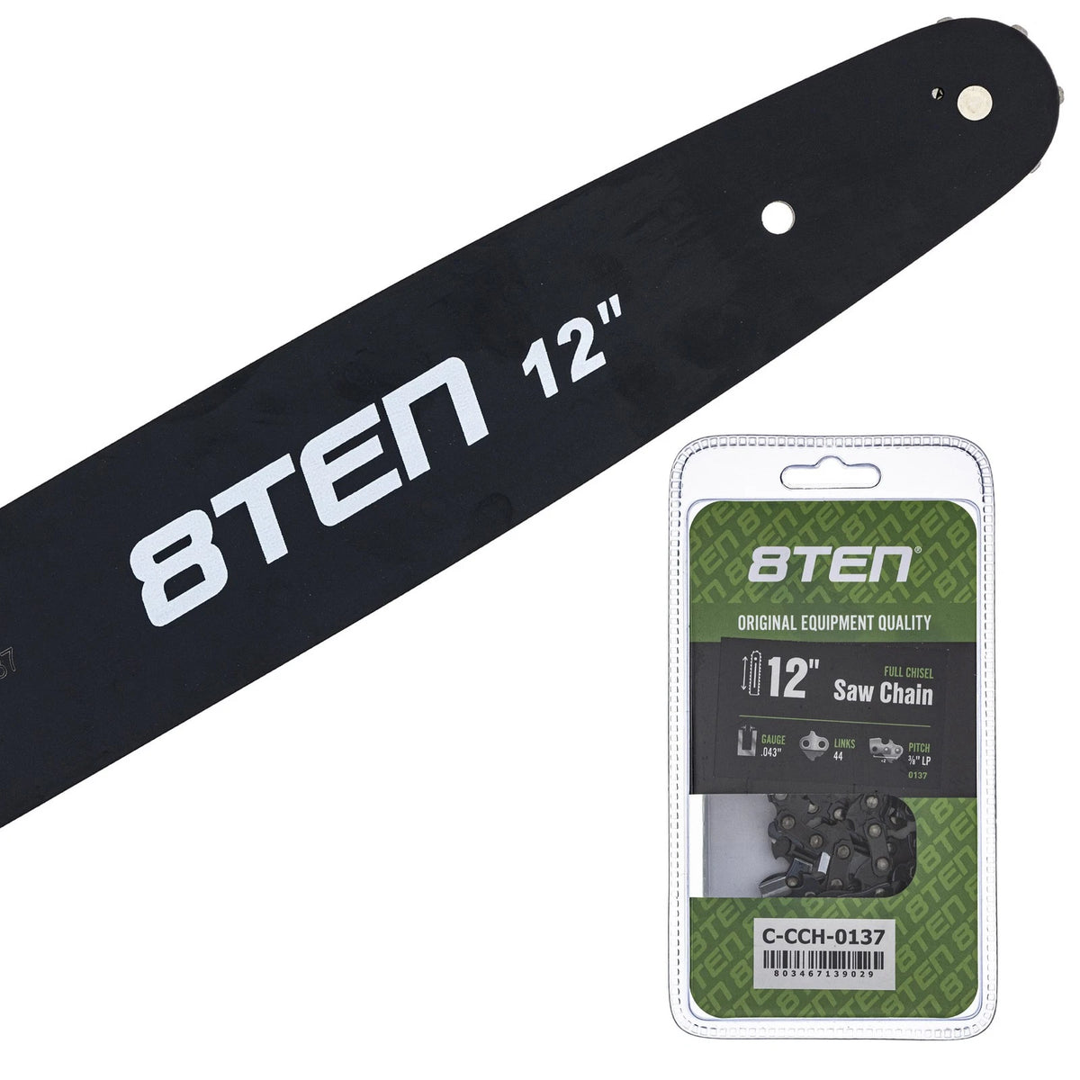 8TEN 12" Chainsaw Guide Bar & Chain .043 3/8LP 44DL for Stihl MS170 (2000–2023) - 124MLEA074, M1431244-1074SS, SW12-43SW