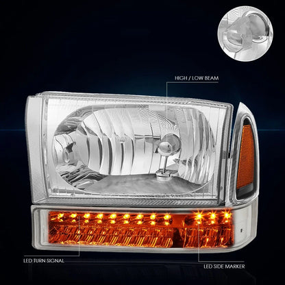 Headlight with Turn Signal Lamp for Ford F-250/350 (1999–2004) Chrome Housing