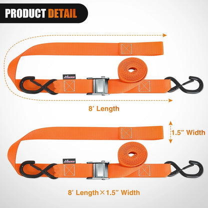 Set of 2 Tie Down Straps for Motorcycle (1.5”×8’, Heavy Duty)