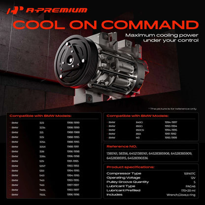 A/C Compressor with Clutch for BMW E36 E46 323i M3 E30 325i (1998–1999) 64521385161, 64528385908, 64528385909, 64528385915, 58356
