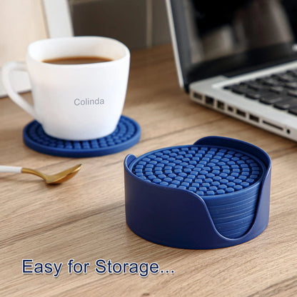Set of 6 Silicone Drink Coasters for Home Use (4 inches, Navy Blue)
