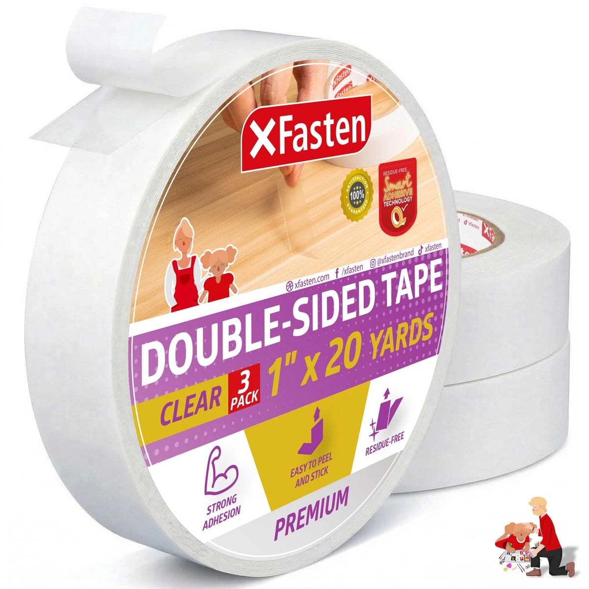 Double Sided Tape Clear, Removable, 1-Inch x 20-Yards, Pack of 3