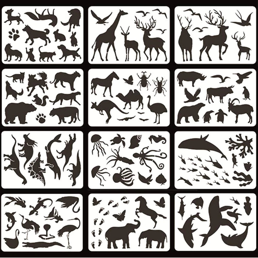 12PCS Animal Plastic Stencils for Journaling Drawing (11.7 x 8.3 inch)