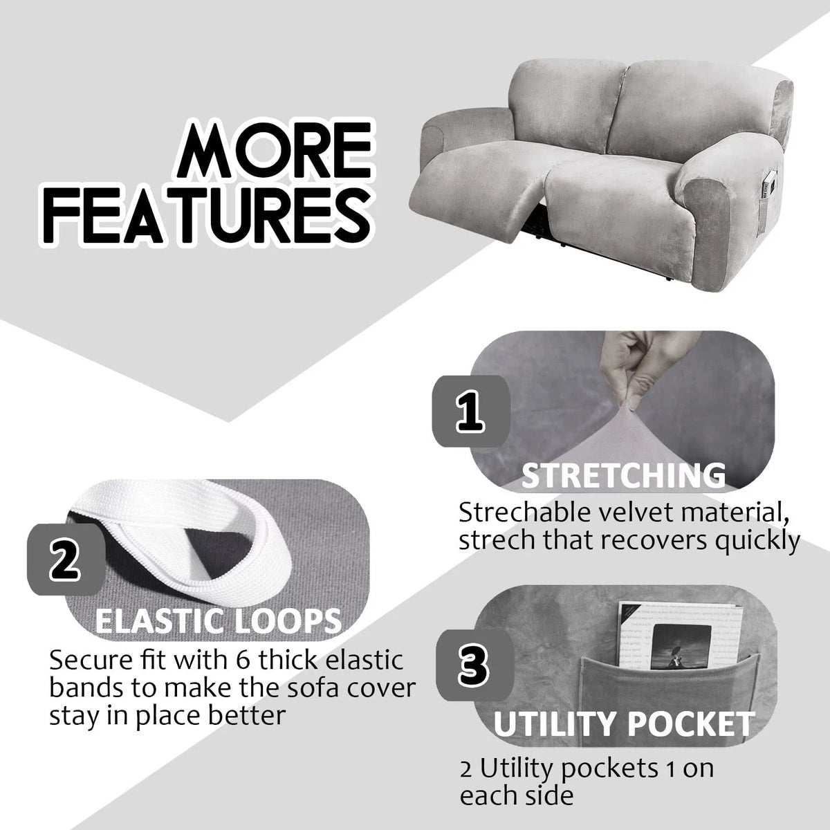 Reclining 2 Seater Sofa Extra Wide 75" - 100" Light Grey