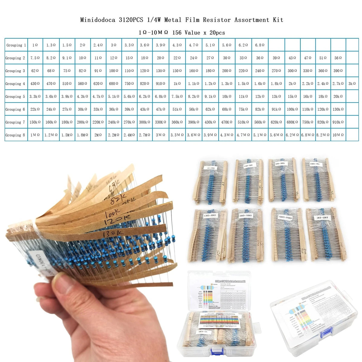 3120pcs Metal Film Resistor Kit for Various Applications (1 Ohm-10M Ohm)