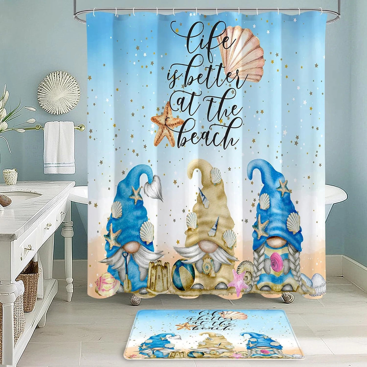4X Summer Gnomes Shower Curtain Set with Non-Slip Rugs for Bathroom (N/A)
