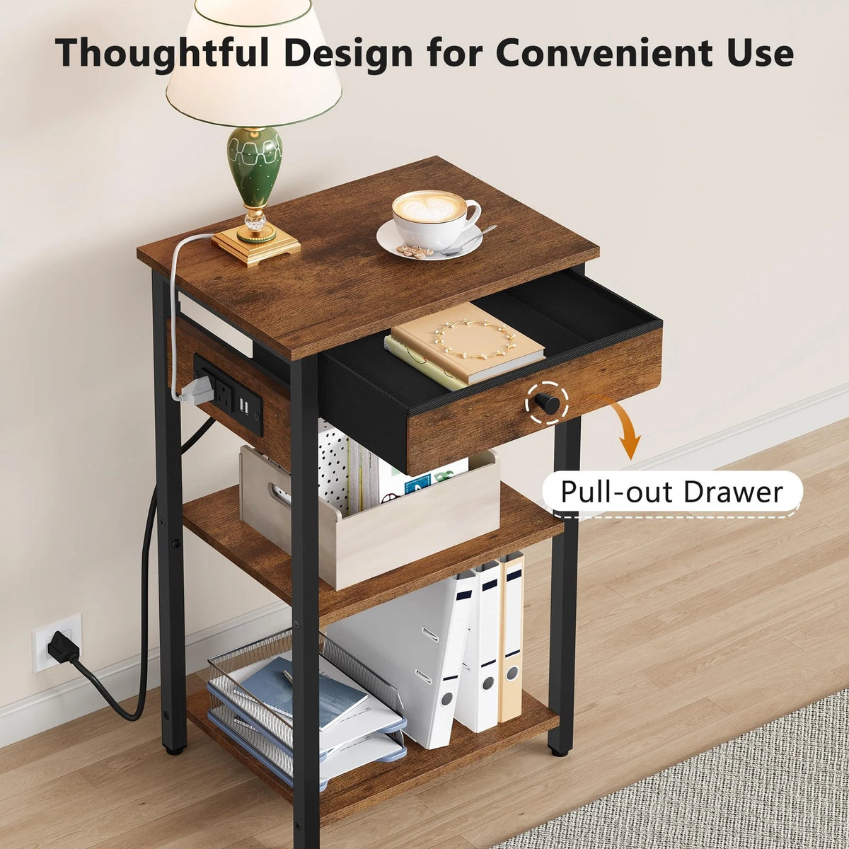 3-Tier Printer Stand with Charging Station for Under Desk Use