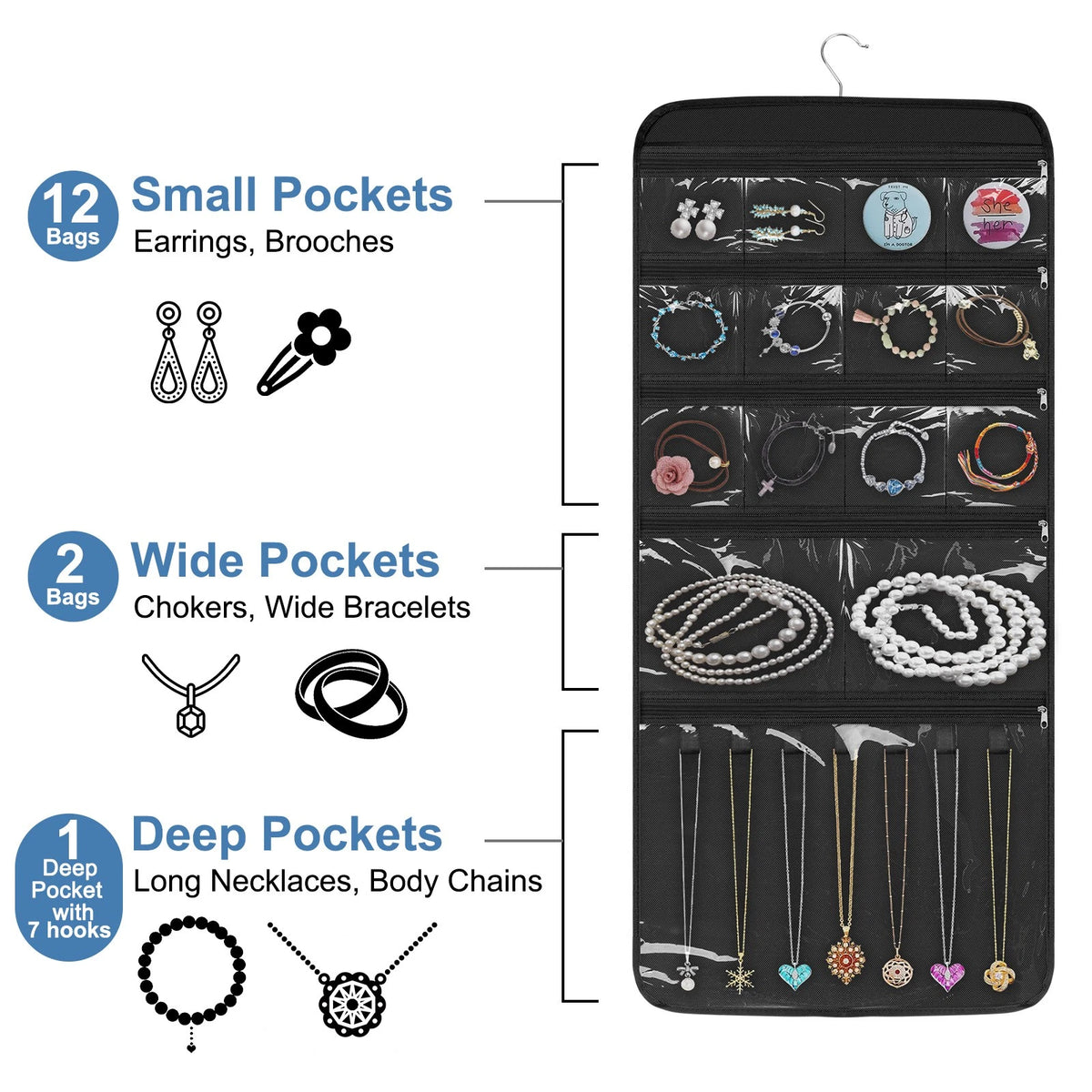 42 Pockets Hanging Jewelry Organizer Bag with Zipper & Hooks