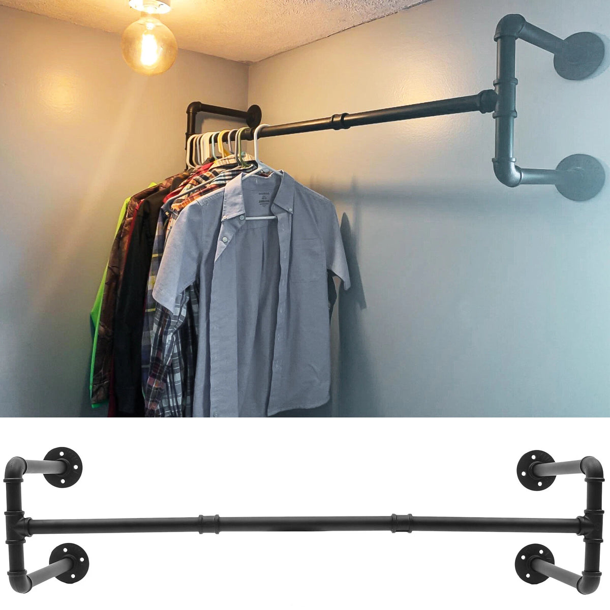 Metal Closet Organizer Wall Mounted Garment Rod for Industrial Pipe Clothing Rack