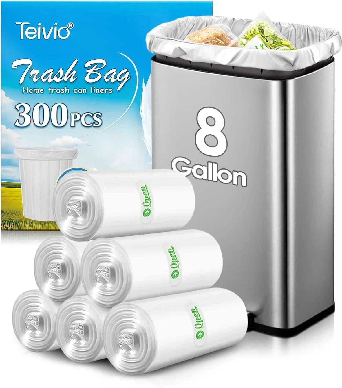 8 Gallon Trash Bags for 7, 8, 9, 10 Gallon Garbage Cans (300 Counts)