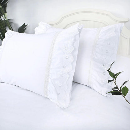 Eyelet Pillow Shams Set of 2 Lace Ruffled Standard White 20 x 26"