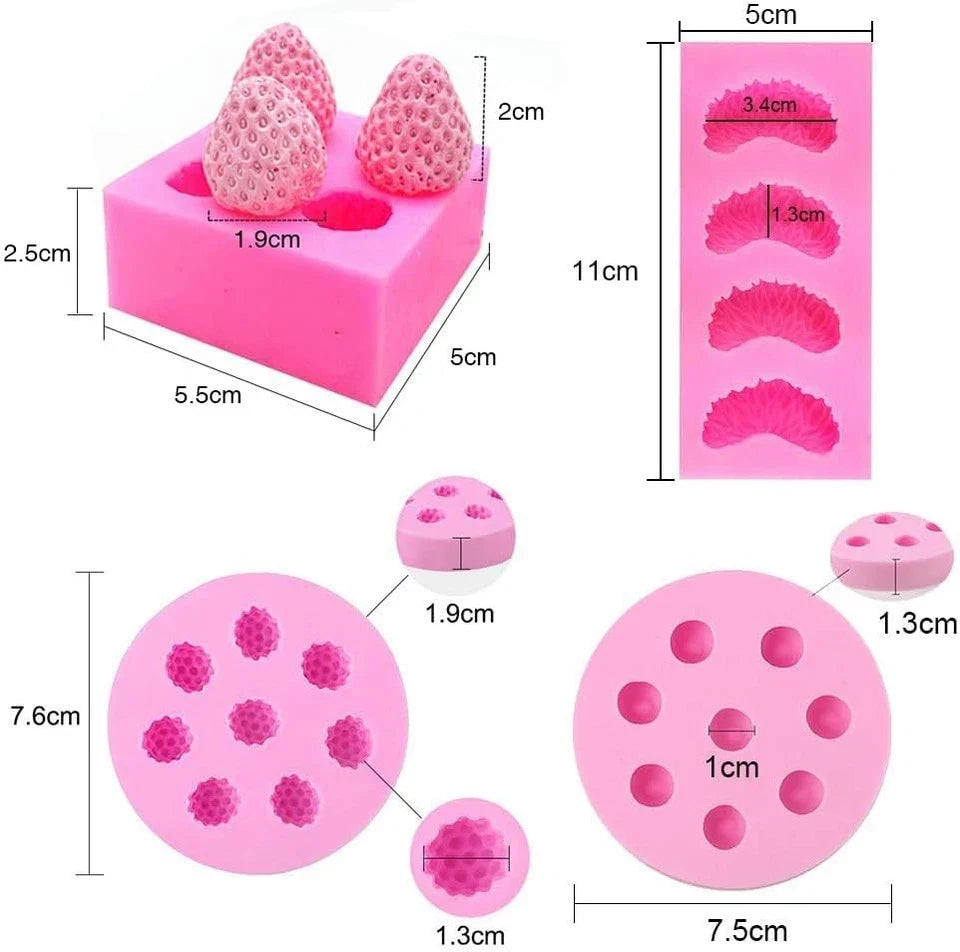 Set of 4 Fruit Fondant Molds - Strawberry, Tangerine, Raspberry, Blueberry