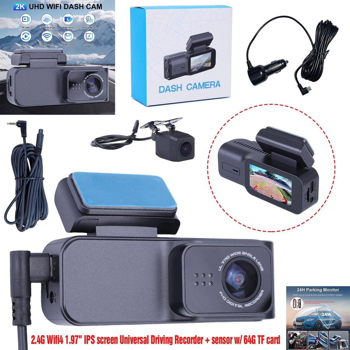 Universal Driving Recorder with 1.97" IPS Screen and 64G TF Card