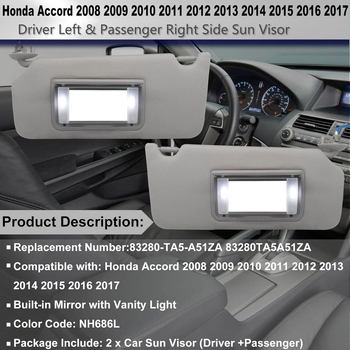 Pair Sun Visor w/LED Light Mirror for Honda Accord (2008–2017) 83280-TA5-A51ZA