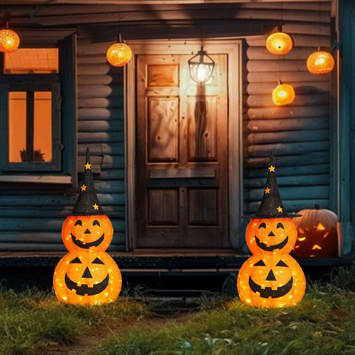 Set of 2 Collapsible Pumpkin Outdoor Decorations Pop Up Jack-o-Lantern