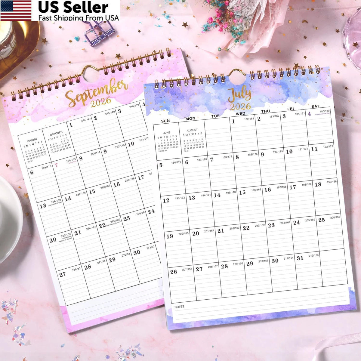 Calendar 2026-2027 Wall Calendar 8.5" x 11" Gold Finish