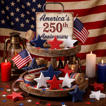 12pcs Rustic Wood Star Set for Tiered Tray Decor (4th of July)