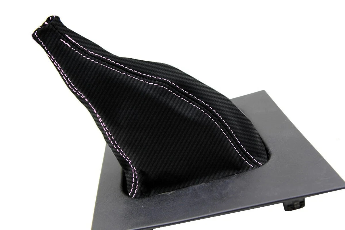 Carbon Fiber Manual Shift Boot Cover for Ford Mustang (1987–1993) Pink Stitch