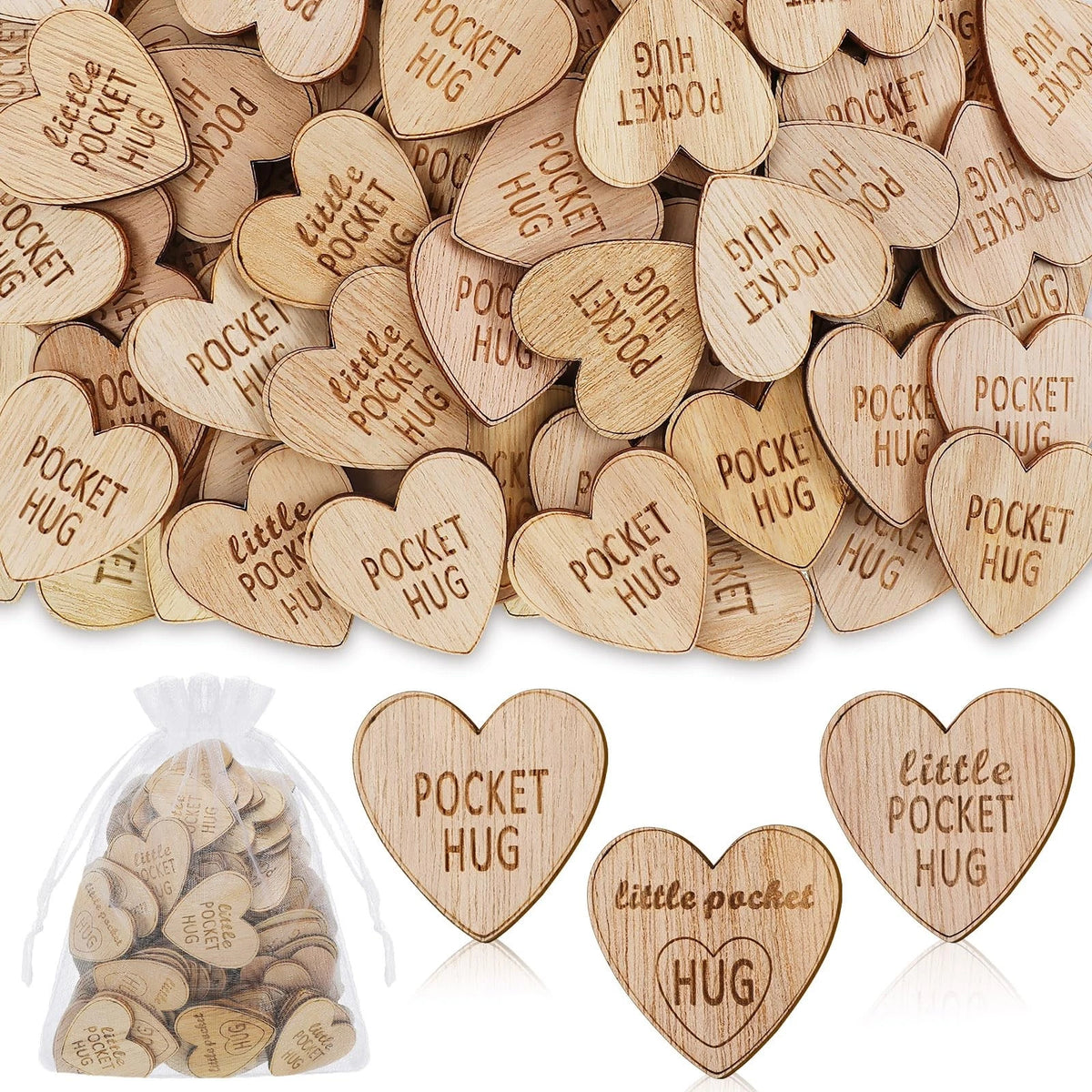 150 Pcs Wooden Pocket Hug Tokens with 3 Organza Bags for Remembrance