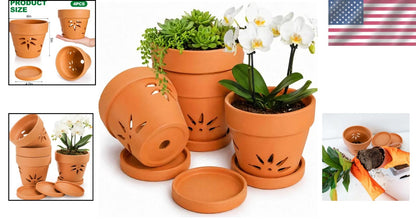 Set of 4 Orchid Pots with Holes and Saucers for Terracotta Clay