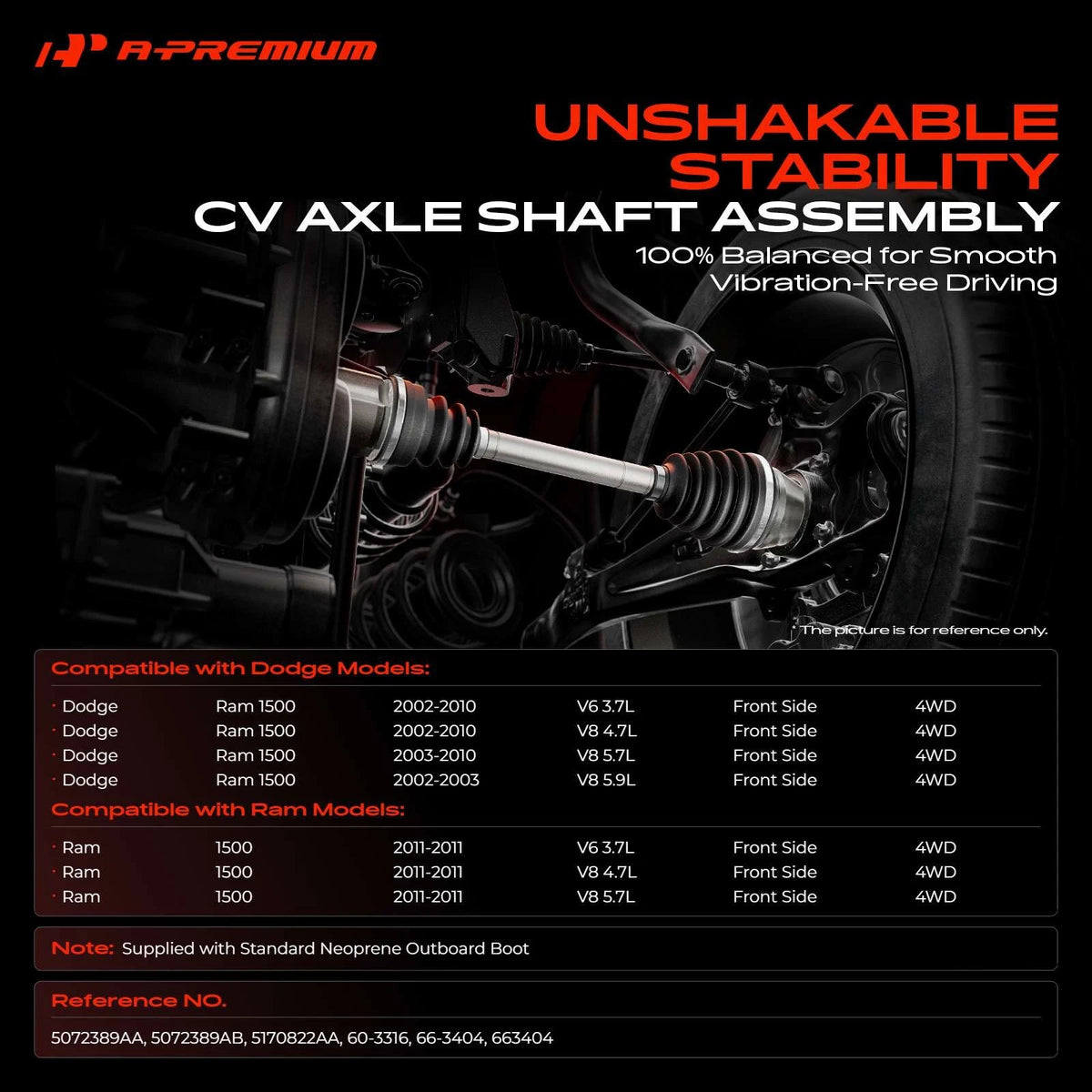 Front Side CV Axle Assembly for Ram 1500 (2002–2011) 5072389AA, 5072389AB, 5170822AA